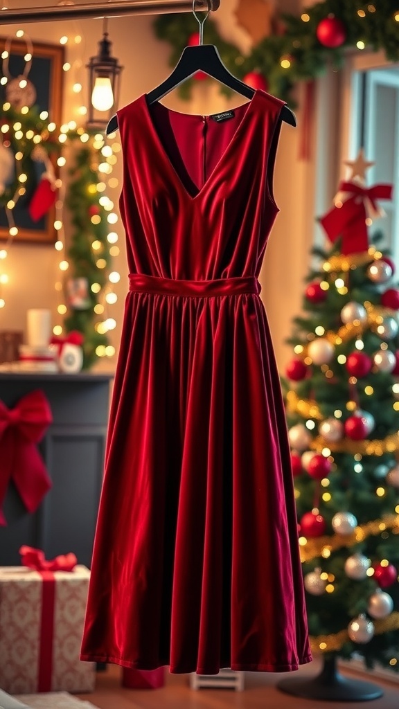 A deep red velvet dress on a hanger, surrounded by holiday decorations and lights.